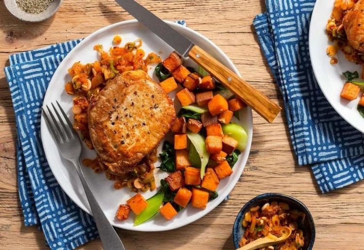 Pork Chops with Kimchi “Chimichurri” and Sweet Potato-Bok Choy Hash by Sunbasket